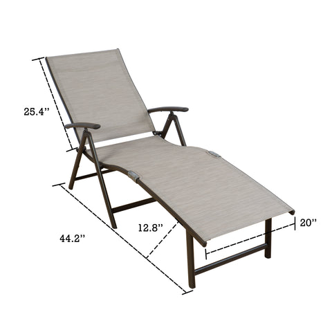 A beige foldable lounge chair with dimensions clearly marked. It has a height of 37.79 inches at the backrest, a length of 48.82 inches from the front edge of the seat to the end of the footrest, and various other measurements noted. The chair also features a detachable cup - holder tray on the side, suitable for outdoor relaxation.Beige Foldable Lounge Chair with Dimensions. beige foldable lounge chair, outdoor lounge chair, chair dimensions, detachable cup - holder.
