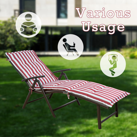 A foldable lounge chair with red-and-white striped cushions, suitable for various uses. The chair comes with a side cup-holder, and can be used for reading, relaxing with a drink, or simply unwinding. It is set in a pleasant outdoor environment, highlighting its versatility for outdoor leisure. foldable lounge chair, red-and-white striped cushions, side cup-holder, multiple uses, outdoor leisure.