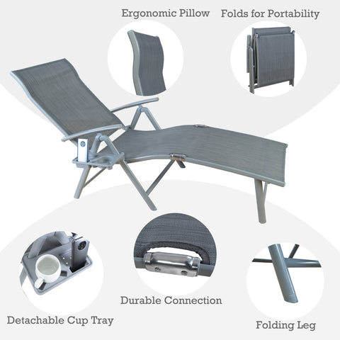 A gray foldable lounge chair with multiple convenient features. It comes with an ergonomic pillow for comfort, a detachable cup tray for holding drinks, and has durable connections. The chair can be easily folded for portability, thanks to its folding legs. gray foldable lounge chair, ergonomic pillow, detachable cup tray, durable connection, folding legs, portable lounge chair.