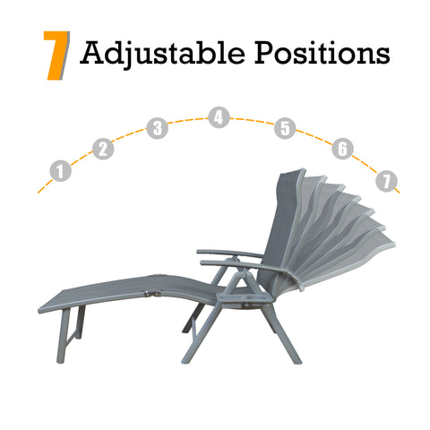 A gray foldable lounge chair that offers 7 adjustable positions for customized comfort. The chair allows users to easily change its angle, making it suitable for various activities like relaxing, reading, or sun-bathing. gray foldable lounge chair, 7 adjustable positions, customizable comfort, outdoor relaxation.