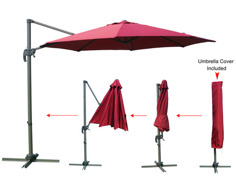 Visual guide demonstrating the process of folding a red - colored cantilever patio umbrella and applying the included umbrella cover. The images show the umbrella in open, partially - folded, and fully - folded states, with the final step being the umbrella covered. Red Patio Umbrella: Easy Folding and Covering Process. Outdoor Umbrella: Fold, Store, and Protect with Included Cover. red patio umbrella, outdoor umbrella, umbrella folding, umbrella cover included, storage process