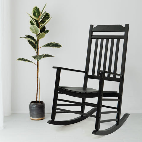 Black Wooden Rocking Chair with Potted Plant
A black wooden rocking chair with a classic design, placed beside a potted plant with large, variegated leaves. Ideal for creating a cozy and stylish indoor or outdoor seating area.