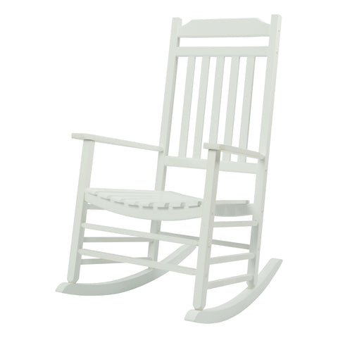White Wooden Rocking Chair
A white wooden rocking chair with a classic design, featuring vertical slats on the backrest, armrests, and a slatted seat. Ideal for adding a touch of traditional style to outdoor or indoor spaces.