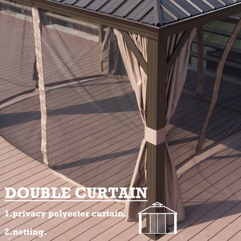 Kozyard Alexander 12' X 12' Hardtop Gazebo, Aluminum Metal Gazebo with Galvanized Steel Double Roof Canopy, Curtain and Netting, Permanent Gazebo Pavilion for Patio, Backyard, Deck, Lawn (Brown)