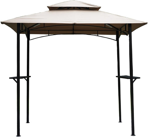 An outdoor barbecue gazebo with a beige canopy supported by black metal frames. The structure features two side - mounted shelves, ideal for holding grilling tools and ingredients. The design provides a shaded area for outdoor cooking activities. Beige - Canopied Outdoor Barbecue Gazebo with Shelves. outdoor barbecue gazebo, beige canopy, black metal frames, side shelves, outdoor cooking