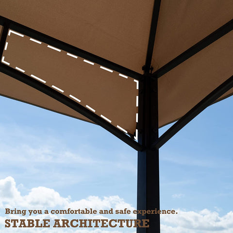 A close - up view of the structural frame of an outdoor barbecue gazebo, highlighting the connection between the beige canopy and the black metal poles. The text emphasizes the stable architecture of the gazebo, aiming to provide a comfortable and safe outdoor experience.Stable - Structured Outdoor Barbecue Gazebo for a Comfortable Experience. outdoor barbecue gazebo, stable architecture, beige canopy, black metal frame, comfortable experience