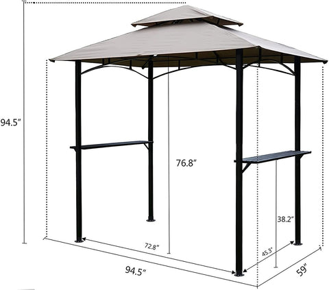 A beige - canopied outdoor barbecue gazebo with black metal frames and two side shelves. Dimensions are marked: the overall height is 94.5 inches, the height from the ground to the lower part of the shelf is 38.2 inches, and the width between the legs is 72.8 inches, etc. Dimensioned Outdoor Barbecue Gazebo with Shelves. outdoor barbecue gazebo, beige canopy, black metal frame, side shelves, dimensions.