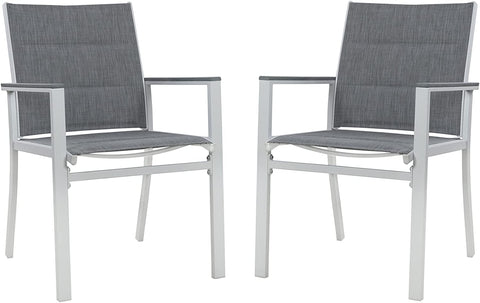 Set of Two Outdoor Patio Chairs
Two outdoor patio chairs with white metal frames and gray fabric seats and backs. Keywords: outdoor chairs, patio furniture, chair set