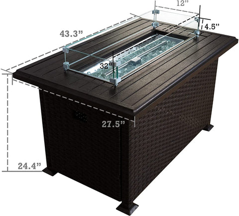 This image shows a rectangular outdoor fire pit table with measurements labeled. The table has a dark - colored wicker base and a slatted tabletop. The fire pit area is equipped with a glass wind - guard. Dimensions include a length of 43.3 inches, width of 24.4 inches, and height of 27.5 inches, with additional measurements for the fire pit and glass guard. Outdoor Fire Pit Table with Dimensions. outdoor fire pit table, wicker fire pit, glass - enclosed fire area, fire pit dimensions, patio heating furnit
