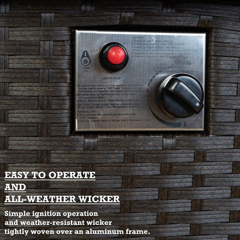 A close - up of the control panel on an outdoor wicker fire pit table. The panel includes a red ignition button labeled "IGNITER-PUSH" and a knob for adjusting the flame with settings from "LOW" to "HIGH." Instructions for lighting and operation are printed on the panel. The text below the image reads "EASY TO OPERATE AND ALL - WEATHER WICKER," highlighting the simple ignition process and the weather - resistant wicker material woven over an aluminum frame. User - Friendly Outdoor Fire Pit Table with Wicker