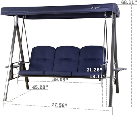 Navy Blue Outdoor Swing Bench Dimensions
A navy blue outdoor swing bench with labeled dimensions, such as overall height (68.11"), seat width (59.05"), etc. Ideal for understanding its size and suitability for various outdoor spaces.