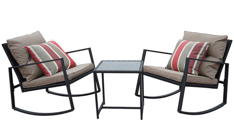 Comfortable Outdoor Rocking Chair Set
alt text:A set of two rocking chairs with cushioned seats and backs, adorned with striped pillows, placed around a small square table. Perfect for outdoor relaxation. Keywords: outdoor rocking chairs, patio set, striped pillows