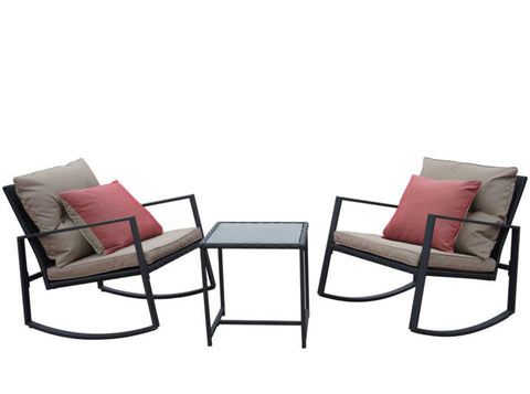 Cozy Outdoor Rocking Chair Set
alt text:A pair of stylish rocking chairs with cushioned seats and backs, accented by vibrant pillows, paired with a small square side table. Ideal for outdoor relaxation. Keywords: outdoor rocking chairs, patio set, cushioned seating