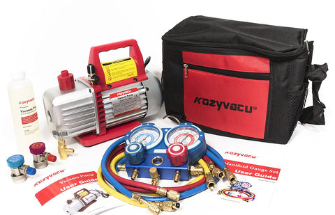 KOZYVACU vacuum pump kit with manifold gauge, hoses, oil, user guide, and carrying bag. KOZYVACU vacuum pump, manifold gauge, hoses, vacuum pump oil, carrying bag, HVAC tool.
KOZYVACU Vacuum Pump Kit with Manifold Gauge, Hoses, and Carrying Bag.KOZYVACU vacuum pump, manifold gauge, hoses, vacuum pump oil, carrying bag, HVAC tool.