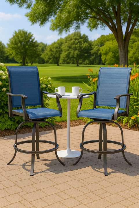 Outdoor swivel bar height chairs with breathable Textilene fabric, powder-coated metal frame, set around a patio table in a sunny garden