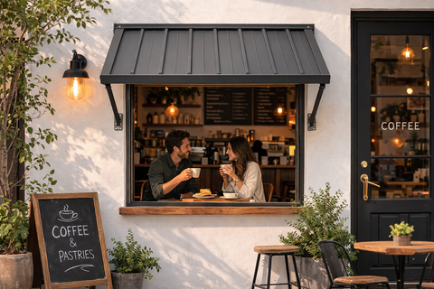 Kozyard adjustable metal window awning installed above a home window providing durable sunshade and rain protection for outdoor spaces