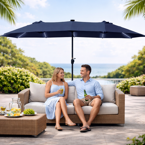 Shade Your Way: Kozyard 15ft Double-Sided Umbrella Available With or Without Solar Lights 1 Outdoor market umbrella for patio dining, large canopy shade over wood table set, ideal for backyard deck and outdoor meals