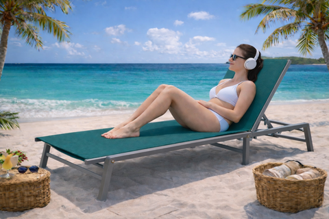 Kozyard outdoor aluminum lounge chairs with breathable Textilene fabric by a poolside patio.