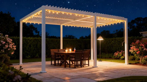 KOZYARD Outdoor Pergola with Adjustable Louvered Roof, Sturdy Aluminum Frame, Weather-Resistant Design for Patio, Backyard & Garden - Ideal for Outdoor Dining, Entertainment and Nighttime Ambiance with String Lights