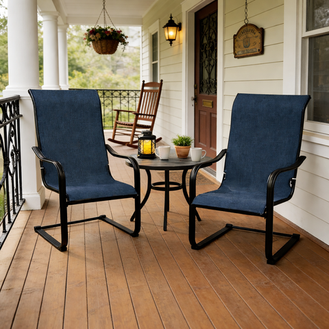 Kozyard patio swivel dining chairs set of 2 with blue sling fabric and metal frame, paired with small round table in lakeside outdoor garden setting