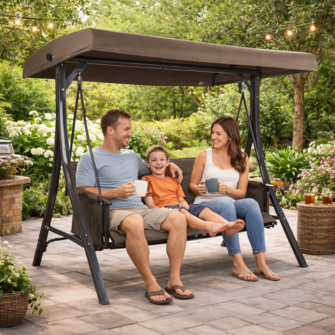 Kozyard Brenda 3-Seat Outdoor Porch Swing Glider: Your Everyday “Enjoy Life” Spot Outdoors 1 Outdoor 3-seat porch swing with canopy and sturdy frame, pictured with a family enjoying shaded seating on a patio