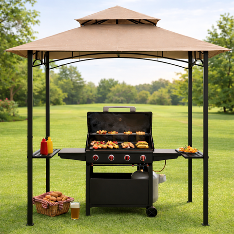 Outdoor Grilling Made Easier with Shade, Storage, and Light 1 Kozyard outdoor BBQ grill gazebo with beige double-tier canopy, black metal frame, side shelves, and backyard grilling setup on green lawn