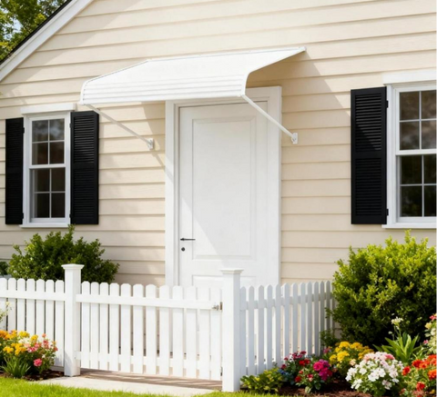 Kozyard outdoor door awning with a powder-coated aluminum frame and fade-resistant white canopy, mounted above a front door on a beige home to provide long-lasting UV, rain, and weather protection