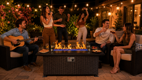 Vibrant evening backyard gathering under string lights, friends singing and playing guitar beside lit rattan propane fire pit table with glass windscreen and blue fire glass beads, outdoor patio entertainment set