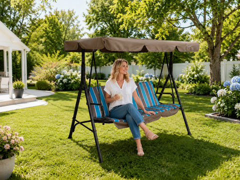 swings in outdoor garden setting, showcasing versatility in patios, porches, and lawns.