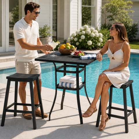 Poolside serving station with Kozyard marble-look bar table and black saddle stools, styled with drinks, fruit, towels, and two adults enjoying a bright backyard pool setting.