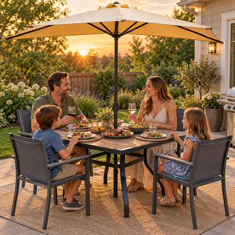 Weather Resistant Outdoor Patio Dining Furniture Set, Square Wood Grain Tabletop with Umbrella Hole, Heavy Duty Black Metal Frame, Family Enjoying Dinner Under Patio Umbrella on Backyard Patio at Sunset