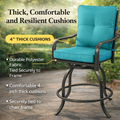 Kozyard outdoor swivel patio chair featuring thick, comfortable and resilient 4-inch cushions. Crafted with durable polyester fabric securely tied to the sturdy metal frame, designed for long-lasting outdoor seating comfort.
