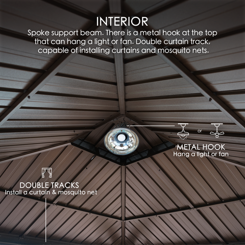 Gazebo Interior with Utility Features
alt text：An image of a gazebo's interior showcasing spoke support beams, a metal hook for hanging lights or fans, and double tracks for installing curtains and mosquito nets. Keywords: gazebo interior, spoke support beam, metal hook, double tracks