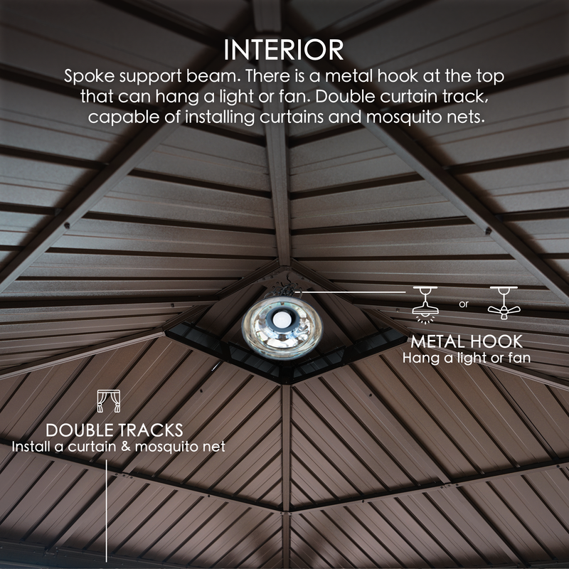 Gazebo Interior with Utility Features
alt text：An image of a gazebo's interior showcasing spoke support beams, a metal hook for hanging lights or fans, and double tracks for installing curtains and mosquito nets. Keywords: gazebo interior, spoke support beam, metal hook, double tracks