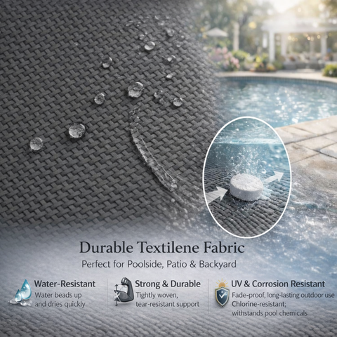 Kozyard durable Textilene outdoor fabric: water-resistant (beads & dries quickly), strong tear-resistant, UV/corrosion/chlorine-resistant. Tightly-woven material ideal for poolside, patio & backyard outdoor seating applications.
