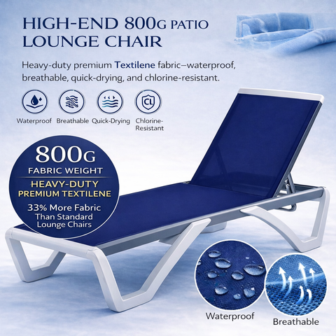 Kozyard High-End Patio Lounge Chair – 800g Heavy-Duty Premium Textilene Fabric, Waterproof/Breathable/Quick-Drying/Chlorine-Resistant Features, Durable Outdoor Lounge Furniture with Sturdy Construction
