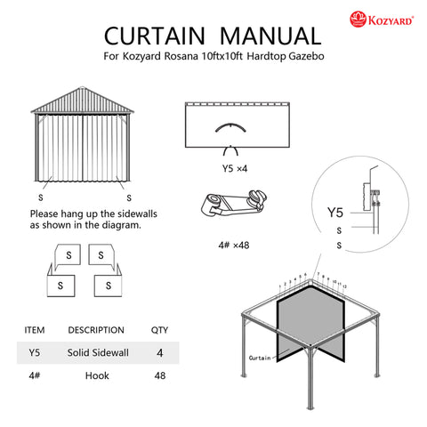 Kozyard gazebo curtain installation manual: Step-by-step guide for Alexander/Apollo 10ftx10ft gazebos, includes solid fabric sidewalls (S5/S6) & durable hooks (4#), details curtain hanging setup & accessory quantities for outdoor gazebo enclosure.
