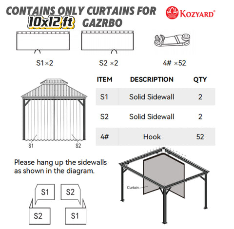 Kozyard 10x12ft gazebo curtain set: Includes sturdy fabric solid sidewalls (S1×2, S2×2) & 52 durable hooks (4#), step-by-step installation guide for outdoor gazebo enclosure, ideal for patio privacy & weather protection.
