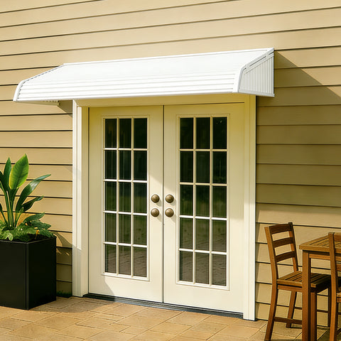 Kozyard 72x40 window and door awning with aluminum frame and impact-resistant PVC panels installed above double patio doors, featuring two side wings for enhanced rain, snow, and UV protection, outdoor door canopy for home entrance weather shielding.