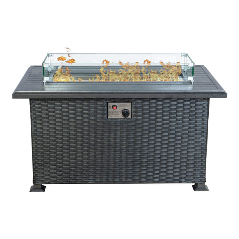 Kozyard 50,000 BTU Outdoor Wicker Patio Propane Gas Fire Pit Table w/Aluminum Tabletop, Glass Wind Guard, Clear Glass Rocks, Cover, Slide Out Tank Holder, and Lid (2 Color Options)