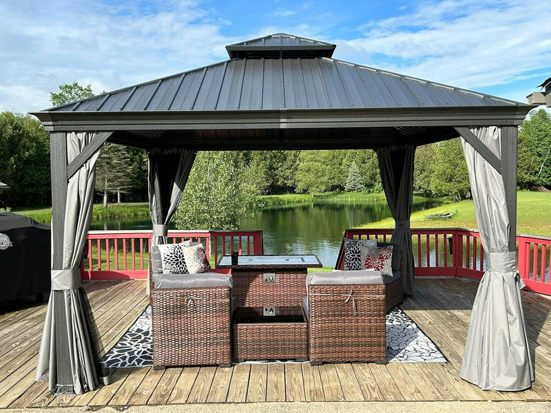 Kozyard Alexander Aluminum Double Roof Hardtop Gazebo with Drainage Gutters, Curtain and Netting