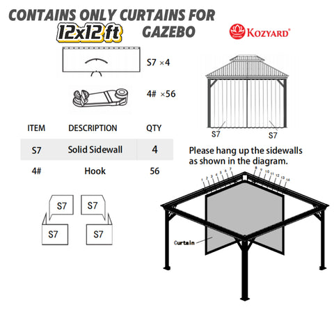 Kozyard 12x12ft gazebo curtain kit: Features 4 sturdy fabric solid sidewalls (S7×4) & 56 durable hooks (4#), detailed installation diagram for 12x12ft outdoor gazebos, enhances patio privacy & enclosure.
