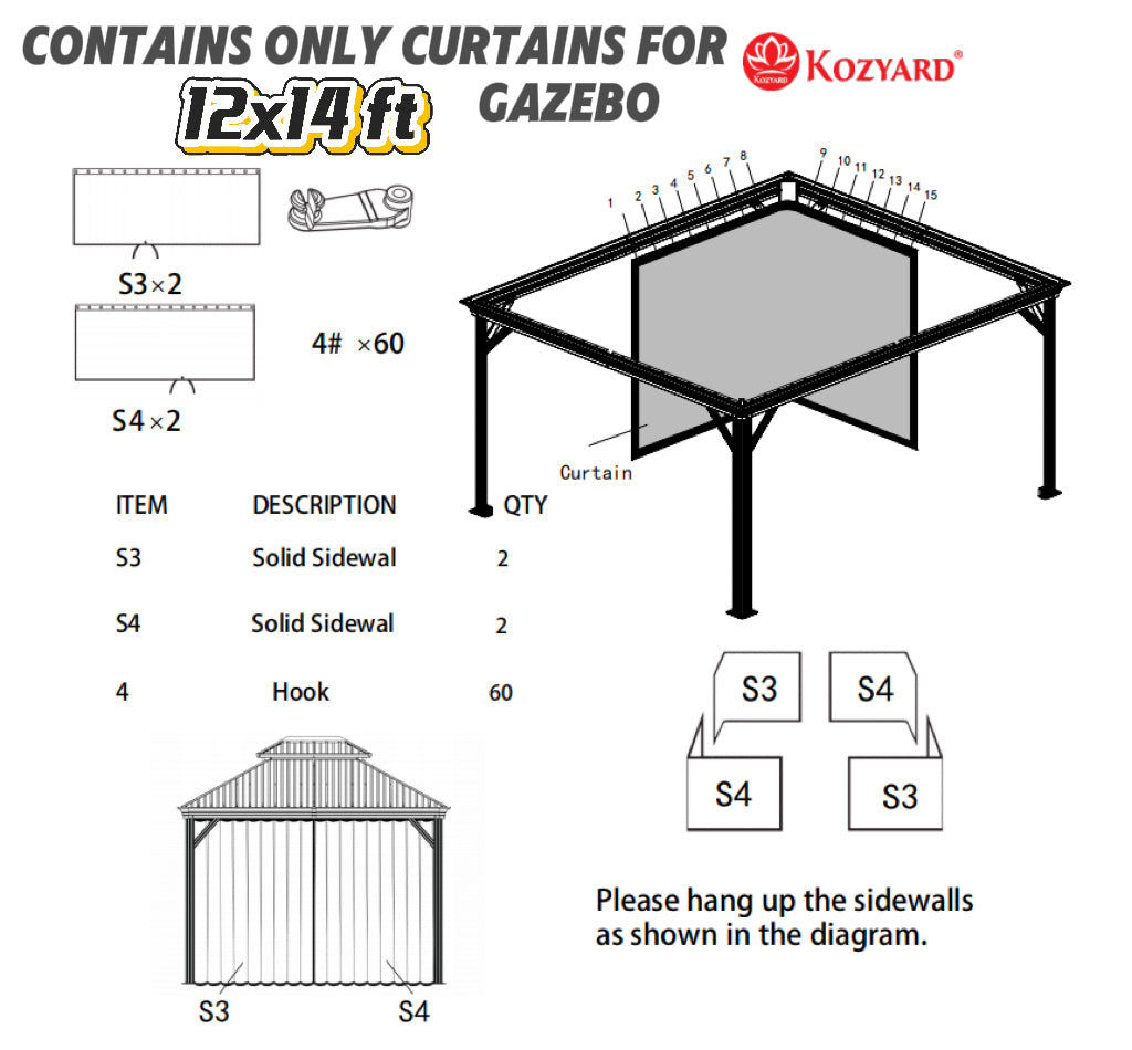 Kozyard 12'x14' Outdoor Gazebo Privacy Curtain Sidewall