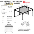 Kozyard 12x14ft gazebo curtain package: Contains sturdy fabric solid sidewalls (S3×2, S4×2) & 60 durable hooks (4#), installation instructions for 12x14ft outdoor gazebos, boosts patio privacy & protection.
