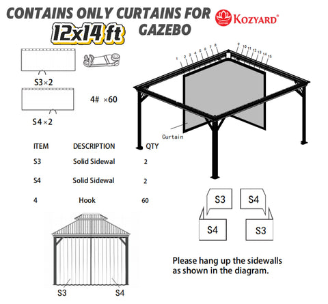 Kozyard 12x14ft gazebo curtain package: Contains sturdy fabric solid sidewalls (S3×2, S4×2) & 60 durable hooks (4#), installation instructions for 12x14ft outdoor gazebos, boosts patio privacy & protection.
