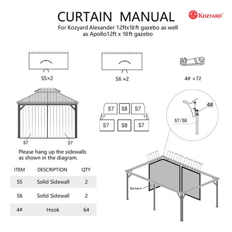 Kozyard gazebo curtain installation manual: Step-by-step guide for Alexander/Apollo 12ftx18ft gazebos, includes solid fabric sidewalls (S5/S6) & durable hooks (4#), details curtain hanging setup & accessory quantities for outdoor gazebo enclosure.
