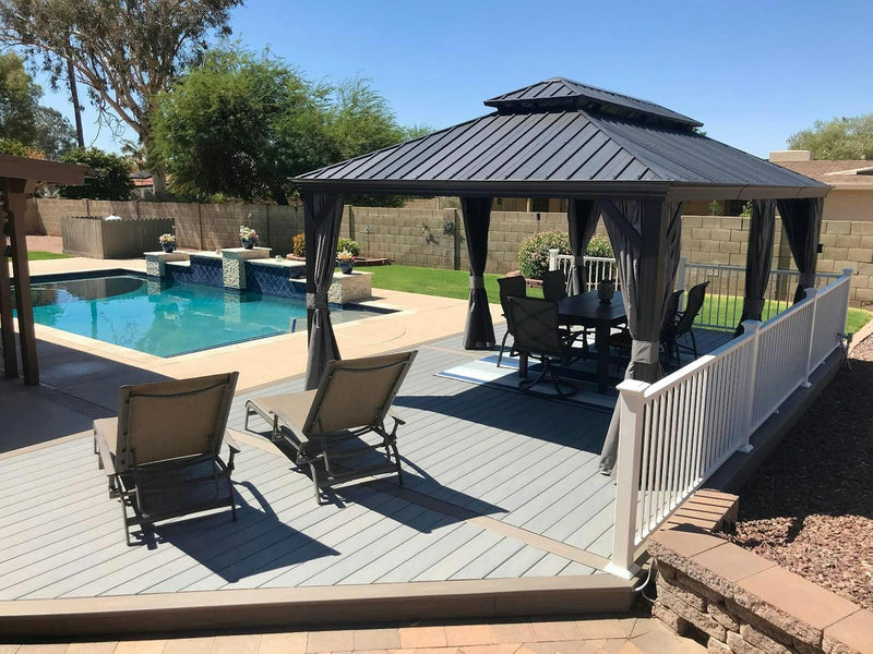 Kozyard Alexander Aluminum Double Roof Hardtop Gazebo with Drainage Gutters, Curtain and Netting