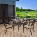 An outdoor dining setup featuring a square dining table with a brown - framed, rustic - looking tabletop. The table is surrounded by four chairs with beige cushions. Set on a wooden deck, the scene overlooks a picturesque landscape with greenery, a lake, and a clear blue sky. Outdoor Dining Table with Brown Frame: Enjoy Scenic Views. outdoor dining table, brown frame, wooden deck, beige - cushioned chairs, scenic landscape.