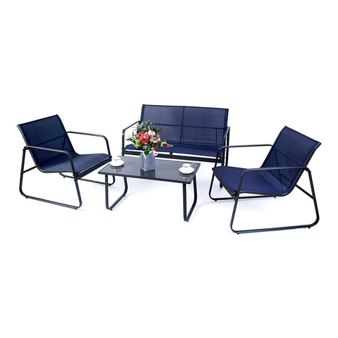 Kozyard Outdoor Patio Furniture Set (Sofa + 2 Chairs + Coffee Table) - Navy breathable Textilene fabric, sturdy black metal frame; ideal for patio, garden, backyard gatherings, blending comfortable seating with stylish outdoor leisure design
