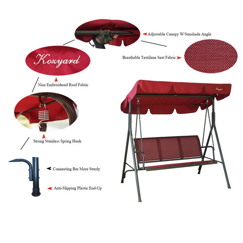 Kozyard Belle 3 Person Outdoor Patio Swing with Strong Weather Resistant Powder Coated Steel Frame and Textilence Seats